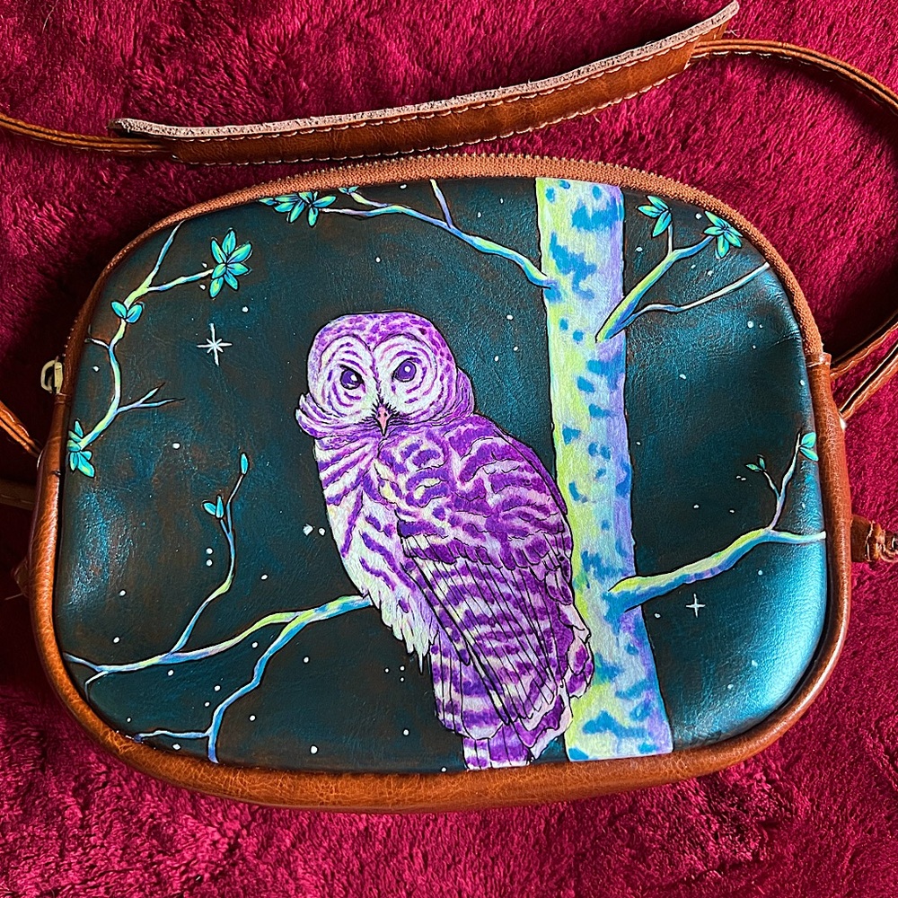 Hand painted small leather crossbody Owl